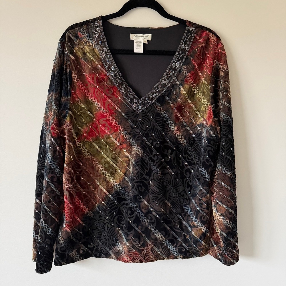 Coldwater Creek‎ XL Burnout Velvet Sequin Blouse Whimsygoth Festival Colorful
